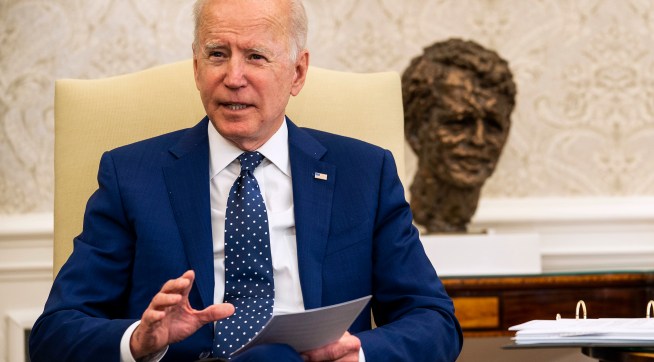 President Joe Biden and Vice President Kamala Harris during a meeting with the Congressional Asian Pacific American Caucus Executive Committee in the Oval Office, Thursday, April, 15, 2021.  (Photo by Doug Mills/The New York Times)