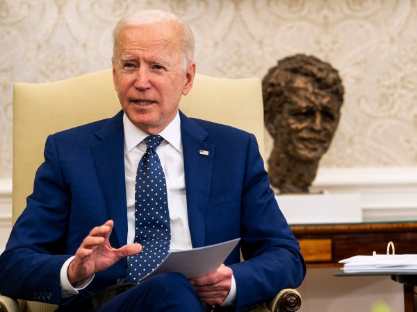 President Joe Biden and Vice President Kamala Harris during a meeting with the Congressional Asian Pacific American Caucus Executive Committee in the Oval Office, Thursday, April, 15, 2021.  (Photo by Doug Mills/The New York Times)