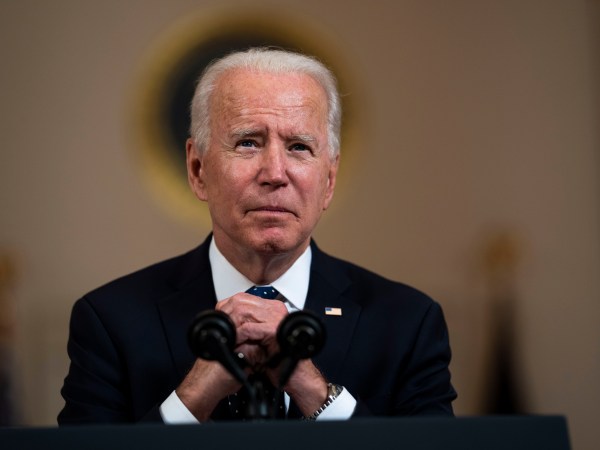 President Joe Biden  with Vice President Kamala Harris looking on makes remarks about the Derek Chauvin Trial, at the White House, Tuesday April, 20, 2021. (Photo by Doug Mills/The New York Times)
