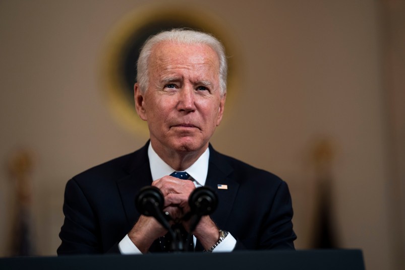 President Joe Biden  with Vice President Kamala Harris looking on makes remarks about the Derek Chauvin Trial, at the White House, Tuesday April, 20, 2021. (Photo by Doug Mills/The New York Times)