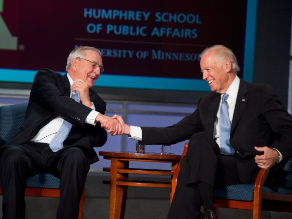 UNITED STATES - OCTOBER 20: Vice President Joe Biden, right, and former Vice President Walter Mondale attend a discussion as part of a tribute to Mondale at George Washington University's Jack Morton Auditorium, October 20 2015. The event was part of day long series of talks about policy and the vice presidency hosted by GW and the University of Minnesota's Humphrey School of Public Affairs. (Photo By Tom Williams/CQ Roll Call)