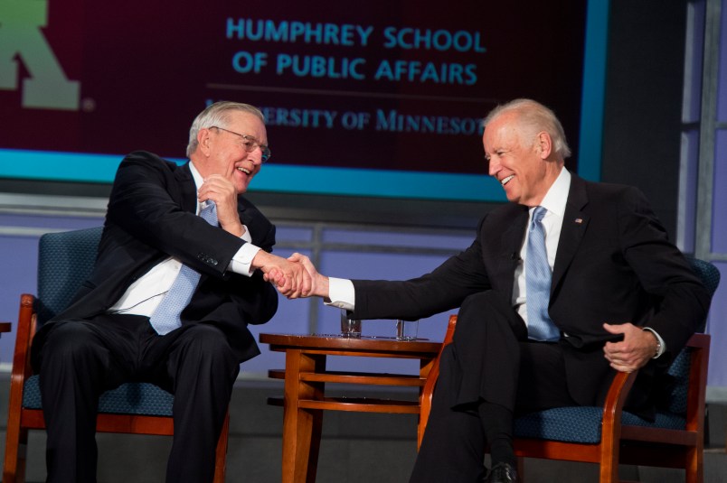 UNITED STATES - OCTOBER 20: Vice President Joe Biden, right, and former Vice President Walter Mondale attend a discussion as part of a tribute to Mondale at George Washington University's Jack Morton Auditorium, October 20 2015. The event was part of day long series of talks about policy and the vice presidency hosted by GW and the University of Minnesota's Humphrey School of Public Affairs. (Photo By Tom Williams/CQ Roll Call)