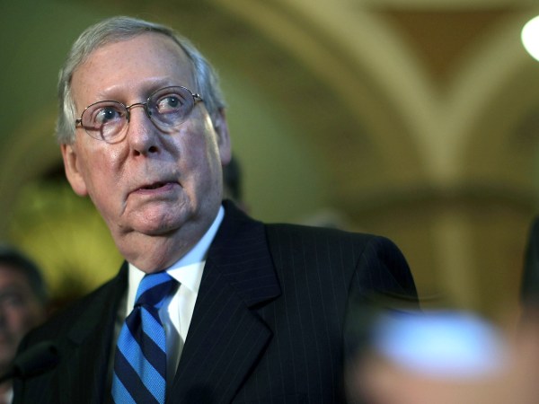 WASHINGTON, DC - JULY 11:  U.S. Senate Majority Leader Sen. Mitch McConnell (R-KY) listens during a news briefing after the weekly Senate Republican Policy Luncheon July 11, 2017 at the Capitol in Washington, DC. Sen. McConnell announced that Senate will delay its recess to the third week of August.  (Photo by Alex Wong/Getty Images)