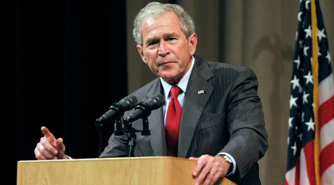 BENTON HARBOR, MI - MAY 28: Former President George W. Bush speaks at the Economic Club of Southwestern Michigan May 28, 2009 in Benton Harbor, Michigan. Bush was to discuss his presidency and life, as well as the economy and world events in his first speech since leaving office. (Photo by Bill Pugliano/Getty Images)