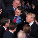 UNITED STATES - JANUARY 30: President Donald Trump takes a selfie with Rep. Matt Gaetz, R-Fla., in the House chamber after Trump's State of the Union address to a joint session of Congress on January 30, 2018. (Photo By Tom Williams/CQ Roll Call)