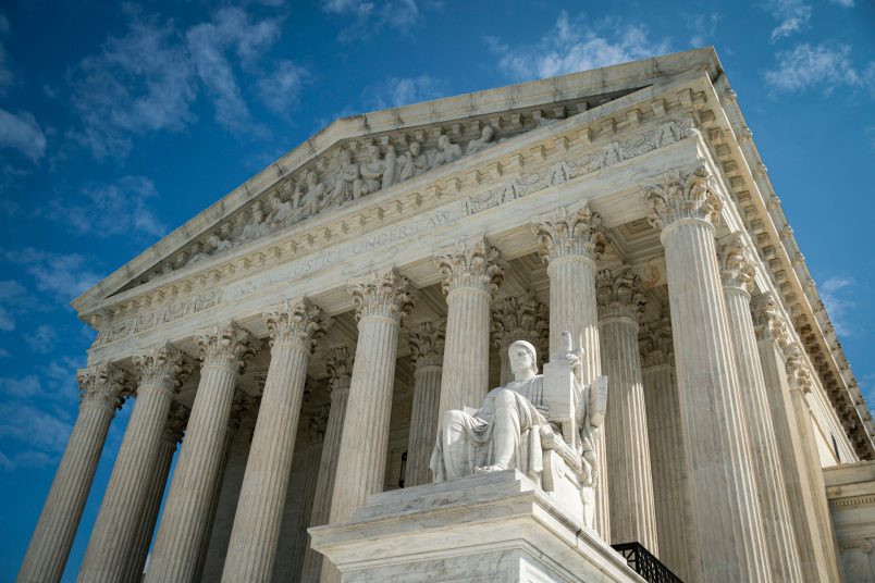 The Guardian or Authority of Law, created by sculptor James Earle Fraser, rests on the side of the U.S. Supreme Court on September 28, 2020 in Washington, DC.