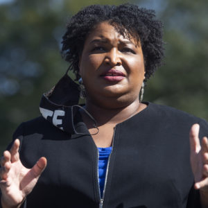 UNITED STATES - NOVEMBER 3: Stacey Abrams, former candidate for Georgia governor, speaks at campaign event for Rev. Raphael Warnock, Democratic candidate for Georgia senate, near Coan Park in Atlanta, Ga., on Tuesday, November 3, 2020. (Photo By Tom Williams/CQ Roll Call)