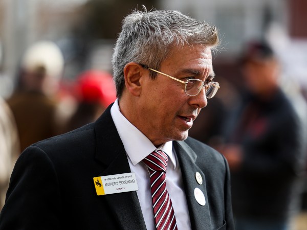 CHEYENNE, WY - JANUARY 28: Wyoming state Sen. Anthony Bouchard, R-Cheyenne, who is challenging Rep. Liz Cheney (R-WY) in the primary race, speaks to supporters after a rally against Cheney on January 28, 2021 in Cheyenne, Wyoming. Rep. Matt Gaetz (R-FL) traveled to Cheyenne to add his voice to a growing effort to vote Cheney out of office after she voted in favor of impeaching Donald Trump. (Photo by Michael Ciaglo/Getty Images)