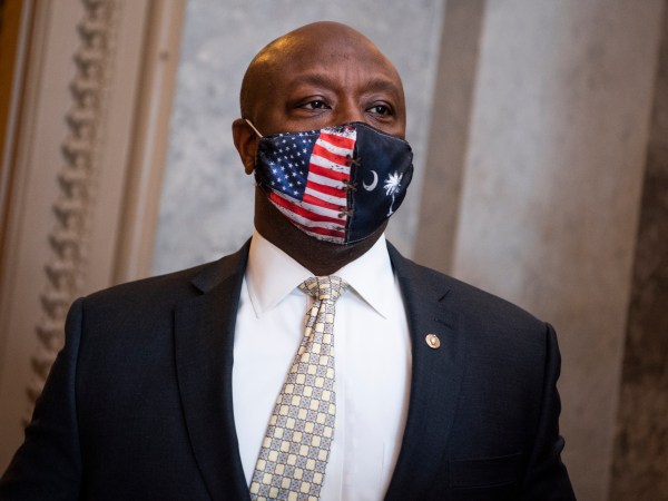 UNITED STATES - MARCH 04: Sen. Tim Scott, R-S.C., is seen outside the chamber as the Senate votes to open debate on the coronavirus relief package on Thursday, March 4, 2021. (Photo By Tom Williams/CQ Roll Call)