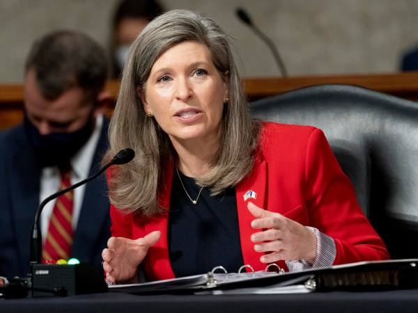 Sen. Joni Ernst, R-Iowa, speaks during a hearing to examine United States Special Operations Command and United States Cyber Command in review of the Defense Authorization Request for fiscal year 2022 and the Future Years Defense Program, on Capitol Hill, Thursday, March 25, 2021, in Washington. (AP Photo/Andrew Harnik, Pool)