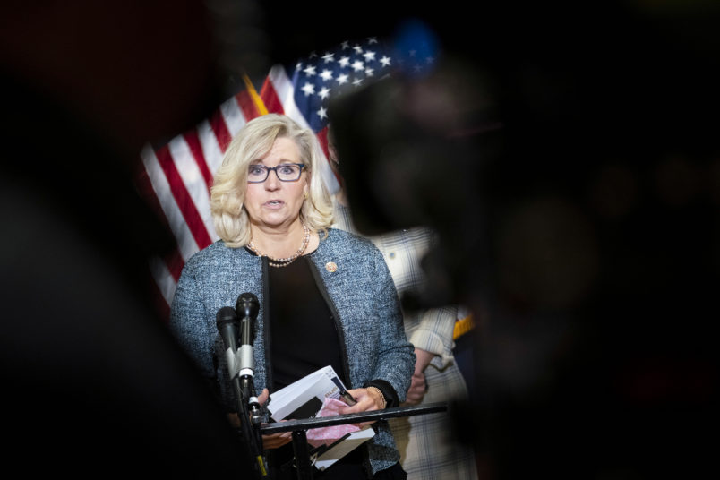 WASHINGTON, DC - APRIL 20: Rep. Liz Cheney (R-WY) speaks during a press conference following a House Republican caucus meeting on Capitol Hill on April 20, 2021 in Washington, DC. The House Republican members spoke about the Biden administration's immigration policies and the coronavirus pandemic. (Photo by Sarah Silbiger/Getty Images)