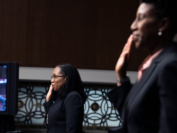 UNITED STATES - APRIL 28: Ketanji Brown Jackson, left, nominee to be U.S. Circuit Judge for the District of Columbia Circuit, and Candace Jackson-Akiwumi, nominee to be U.S. Circuit Judge for the Seventh Circuit, are sworn in during their Senate Judiciary Committee confirmation hearing in Dirksen Senate Office Building in Washington, D.C., on Wednesday, April 28, 2021. (Photo By Tom Williams/CQ Roll Call/POOL)