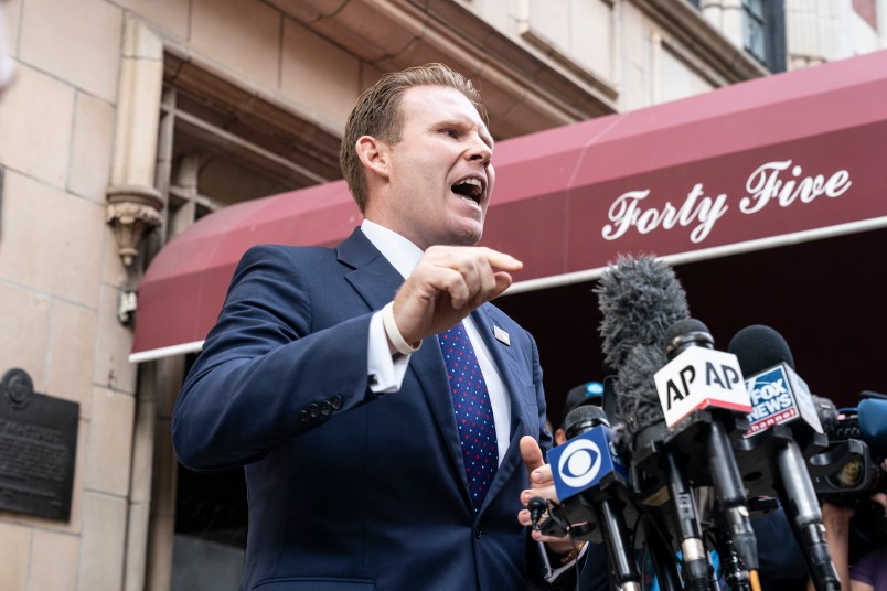 45 EAST 66TH STREET, NEW YORK, UNITED STATES - 2021/04/28: Andrew Giuliani addresses press outside of his father's apartment. His father, Rudy Giuliani was personal attorney of the former President Donald Trump. Federal agents executed a search warrant early on this day at the Manhattan home of Rudy Giuliani in connection with criminal investigation into his involvement with Ukraine. (Photo by Lev Radin/Pacific Press/LightRocket via Getty Images)