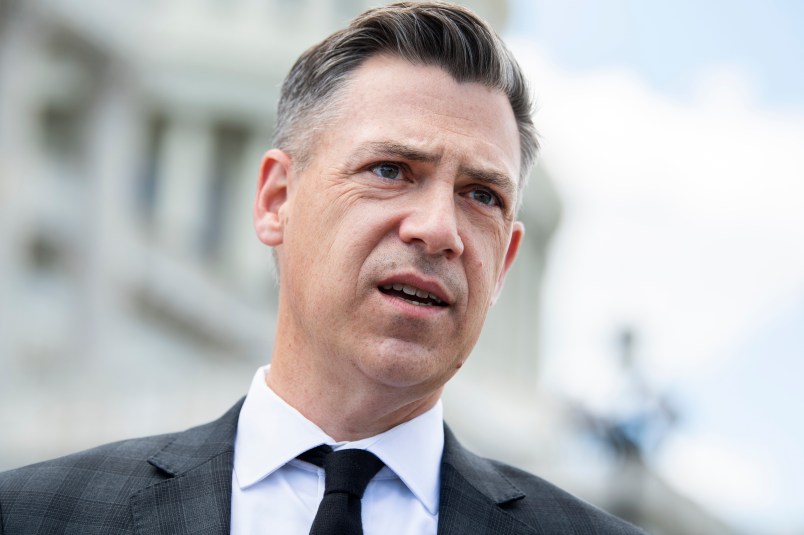 UNITED STATES - MAY 13: Rep. Jim Banks, R-Ind., talks with reporters on the House steps of the Capitol on Thursday, May 13, 2021. (Photo By Tom Williams/CQ Roll Call)