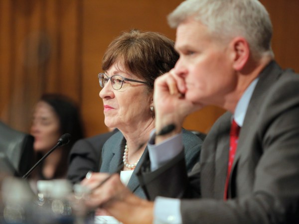 WASHINGTON, D.C. - DECEMBER 12: Sen. Susan Collins listens to testimony during a hearing about the cost of prescription drugs to the Health, Education, Labor and Pensions committee on Capitol Hill in Washington, D.C. on Tuesday, December 12, 2017. In the foreground is Sen. Bill Cassidy (R-LA). (Staff Photo by Gregory Rec/Staff Photographer)