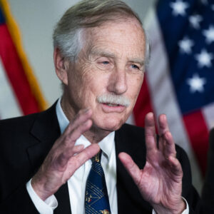 UNITED STATES - APRIL 27: Sen. Angus King, I-Maine,  conducts a news conference after the Democratic Senate Policy luncheon in Hart Building on Tuesday, April 27, 2021. (Photo By Tom Williams/CQ Roll Call)