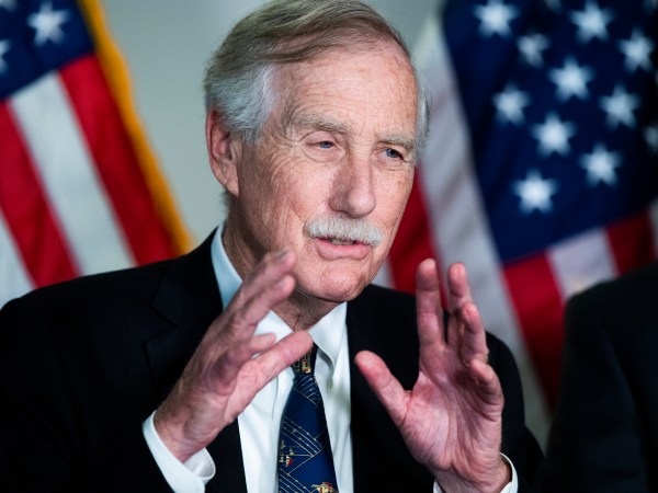 UNITED STATES - APRIL 27: Sen. Angus King, I-Maine,  conducts a news conference after the Democratic Senate Policy luncheon in Hart Building on Tuesday, April 27, 2021. (Photo By Tom Williams/CQ Roll Call)