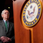 WASHINGTON, DC - JUNE 17: Senate Minority Leader Mitch McConnell (R-KY) listens to Republican senators speaks about their opposition to S. 1, the "For The People Act" on June 17, 2021 in Washington, DC. Republican are calling the proposed legislation, which  is intended to expand voting rights and reform campaign finance, a federal take over of elections and unconstitutional. (Photo by Joshua Roberts/Getty Images)