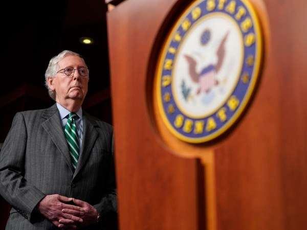 WASHINGTON, DC - JUNE 17: Senate Minority Leader Mitch McConnell (R-KY) listens to Republican senators speaks about their opposition to S. 1, the "For The People Act" on June 17, 2021 in Washington, DC. Republican are calling the proposed legislation, which  is intended to expand voting rights and reform campaign finance, a federal take over of elections and unconstitutional. (Photo by Joshua Roberts/Getty Images)