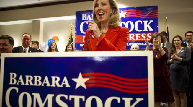 VIRGINIA, UNITED STATES - NOVEMBER 4:  Congressional Candidate Barbara Comstock speaks to her supporters after her win at her victory party in Ashburn, Virginia on November 4, 2014. (Photo by Samuel Corum/Anadolu Agency/Getty Images)