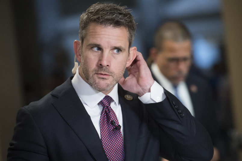 UNITED STATES - JUNE 21: Reps. Adam Kinzinger, R-Ill., left, and Anthony Brown, D-Md., prepare for television interviews in the Capitol on Friday, June 21, 2019. (Photo By Tom Williams/CQ Roll Call)