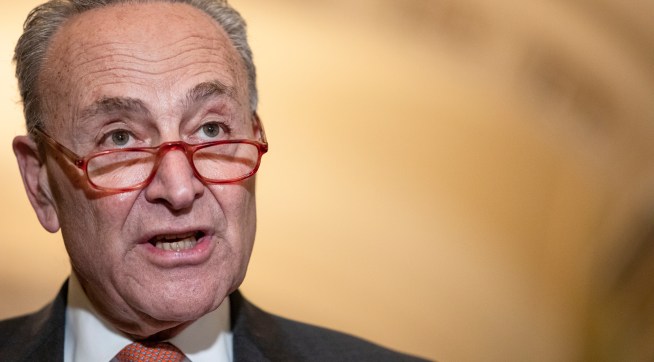 WASHINGTON, DC - MARCH 10: Senate Minority Leader Chuck Schumer (D-NY) talks to reporters following the Senate Democrats weekly policy luncheon on Capitol Hill on March 10, 2020 in Washington, DC. Democratic leadership criticized President Trumps response to the spread of the coronavirus and pushed for relief for individuals that may have to miss work from being quarantined. (Photo by Samuel Corum/Getty Images) *** Local Caption *** Chuck Schumer