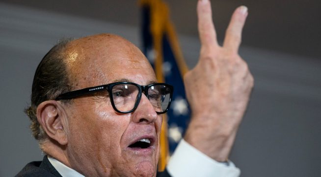 WASHINGTON, DC - NOVEMBER 19: Rudy Giuliani accuses people of voting twice as he speaks to the press about various lawsuits related to the 2020 election,  inside the Republican National Committee headquarters on November 19, 2020 in Washington, DC. President Donald Trump, who has not been seen publicly in several days, continues to push baseless claims about election fraud and dispute the results of the 2020 United States presidential election. (Photo by Drew Angerer/Getty Images)