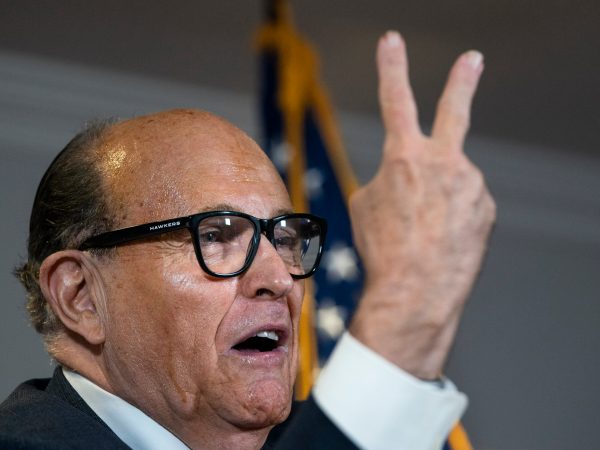 WASHINGTON, DC - NOVEMBER 19: Rudy Giuliani accuses people of voting twice as he speaks to the press about various lawsuits related to the 2020 election,  inside the Republican National Committee headquarters on November 19, 2020 in Washington, DC. President Donald Trump, who has not been seen publicly in several days, continues to push baseless claims about election fraud and dispute the results of the 2020 United States presidential election. (Photo by Drew Angerer/Getty Images)