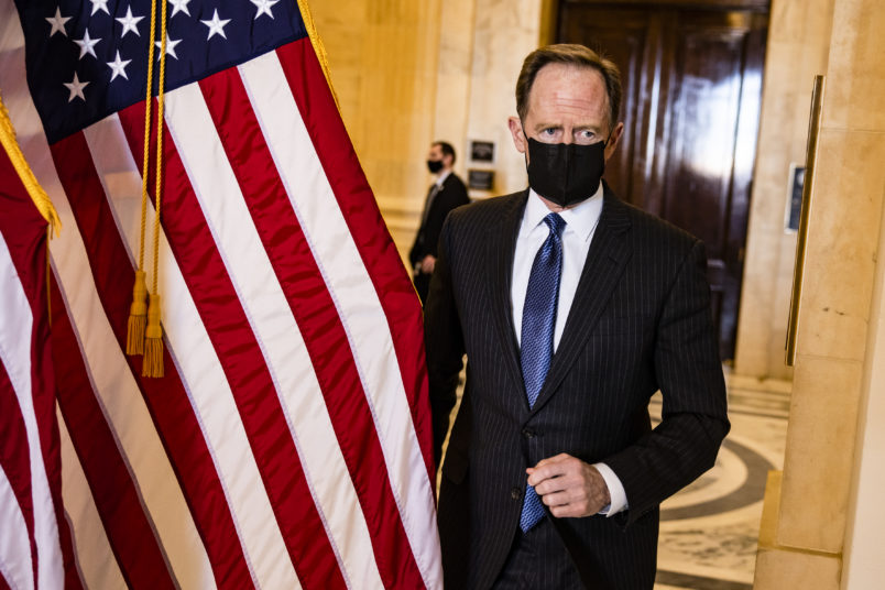 WASHINGTON, DC - MARCH 02: Senator Pat Toomey (R-PA) leaves the Senate GOP policy luncheon in the Rayburn Senate Office Building on Capitol Hill on March 2, 2021 in Washington, DC. (Photo by Samuel Corum/Getty Images) *** Local Caption *** Pat Toomey
