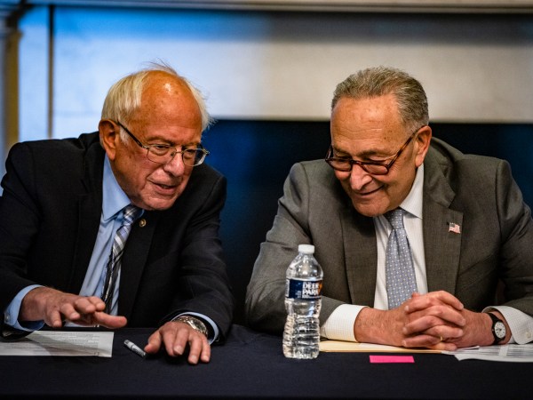 WASHINGTON, DC - JUNE 16: (R-L) U.S. Senate Majority Leader Chuck Schumer (D-NY) and Committee Chairman Bernie Sanders (D-VT) holding a meeting with Senate Budget Committee Democrats in the Mansfield Room at the U.S. Capitol building on June 16, 2021 in Washington, DC. The Majority Leader and Democrats on the Senate Budget Committee are meeting to discus how to move forward with the Biden Administrations budget proposal. (Photo by Samuel Corum/Getty Images) *** Local Caption *** Chuck Schumer; Bernie Sanders