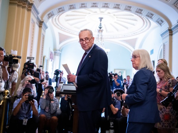 UNITED STATES - JULY 20: Senate Majority Leader Charles Schumer, D-N.Y., and Sen. Patty Murray, D-Wash., arrive for a news conference after the Senate Democratic policy luncheon in the Capitol on Tuesday, July 20, 2021. (Photo By Tom Williams/CQ Roll Call)