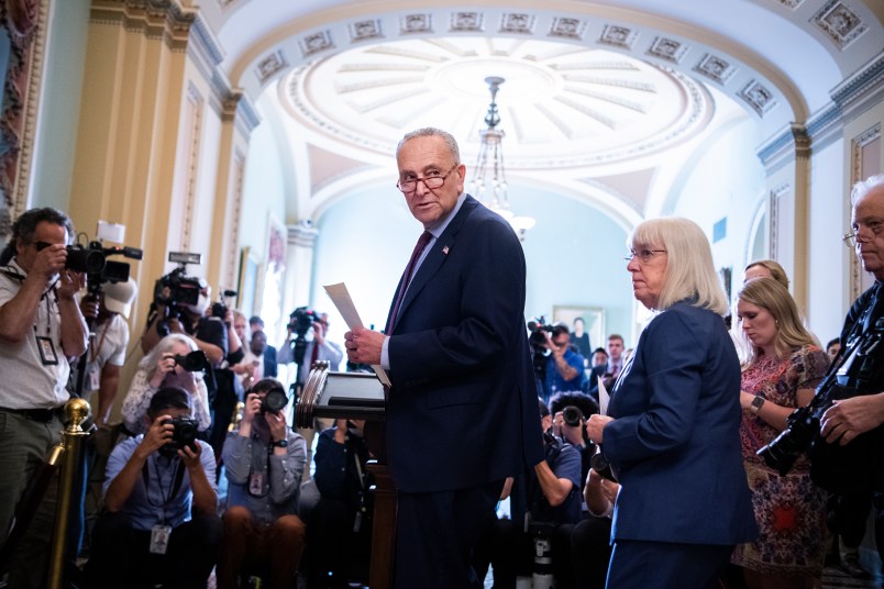 UNITED STATES - JULY 20: Senate Majority Leader Charles Schumer, D-N.Y., and Sen. Patty Murray, D-Wash., arrive for a news conference after the Senate Democratic policy luncheon in the Capitol on Tuesday, July 20, 2021. (Photo By Tom Williams/CQ Roll Call)