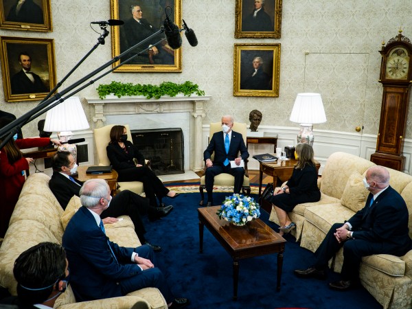 President Joe Biden and Vice President Kamala Harris meet with governors and mayors in the Oval Office in Washington, D.C., on Friday, Feb. 12, 2021, to discuss the vital need to pass the American Rescue Plan, which will get more support to their communities and those on the front lines of the fight against COVID-19. Attending where:Governor Andrew Cuomo (D-NY) Governor Asa Hutchinson (R-AR)Governor Michelle Lujan Grisham (D-NM)Governor Larry Hogan (R-MD)Mayor Keisha Lance Bottoms (D-Atlanta GA)Mayor Latoya Cantrell (D-New Orleans, LA)Mayor Mike Duggan (D-Detroit, MI)Mayor Francis Suarez (R-Miami, FL)Mayor Jeff Williams (R-Arlington, TX)(photo by Pete Marovich for The New York Times)