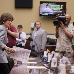 UNITED STATES - MAY 22: Lois Lerner, director of exempt organizations for the Internal Revenue Service, arrives for a House Oversight and Government Reform Committee hearing on the investigation of the IRS's targeting of political groups. Lerner invoked her Fifth Amendment right to not testify. Lerner cause a protest from some committee members when she offered an opening statement and engaged in dialogue with members before invoking her right. (Photo By Tom Williams/CQ Roll Call)