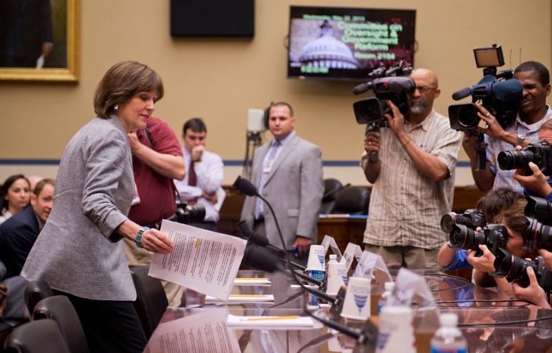 UNITED STATES - MAY 22: Lois Lerner, director of exempt organizations for the Internal Revenue Service, arrives for a House Oversight and Government Reform Committee hearing on the investigation of the IRS's targeting of political groups. Lerner invoked her Fifth Amendment right to not testify. Lerner cause a protest from some committee members when she offered an opening statement and engaged in dialogue with members before invoking her right. (Photo By Tom Williams/CQ Roll Call)