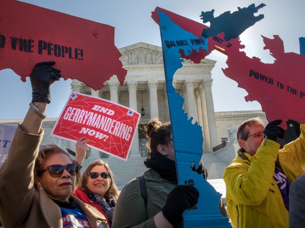 WASHINGTON,DC-MAR26: Demonstrators protest against gerrymandering at a rally at the Supreme Court during the gerrymandering cases Lamone v. Benisekand Rucho v. Common Cause.(Photo by Evelyn Hockstein/For The Washington Post)