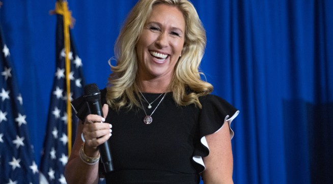 DALTON, GA - MAY 27: U.S. Rep. Marjorie Taylor Greene (R-GA) speaks at an ‘America First’ Rally on May 27, 2021 in Dalton, Georgia. “America First’ Rallies are hyper conservative right-wing Trump loyalists who gather in support of continuing his message. (Photo by Megan Varner/Getty Images)