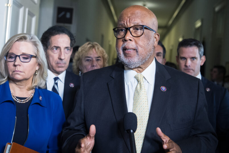 UNITED STATES - JULY 27: Chairman Bennie Thompson, D-Miss., addresses the media after the House Jan. 6 select committee hearing in Cannon Building to examine the January 2021 attack on the Capitol, on Tuesday, July 27, 2021. Also appearing from left are, Reps. Liz Cheney, R-Wyo., Jamie Raskin, D-Md., Zoe Lofgren, D-Calif., Pete Aguilar, D-Calif., and Adam Kinzinger, R-Ill. (Photo By Tom Williams/CQ Roll Call)