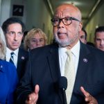 UNITED STATES - JULY 27: Chairman Bennie Thompson, D-Miss., addresses the media after the House Jan. 6 select committee hearing in Cannon Building to examine the January 2021 attack on the Capitol, on Tuesday, July 27, 2021. Also appearing from left are, Reps. Liz Cheney, R-Wyo., Jamie Raskin, D-Md., Zoe Lofgren, D-Calif., Pete Aguilar, D-Calif., and Adam Kinzinger, R-Ill. (Photo By Tom Williams/CQ Roll Call)