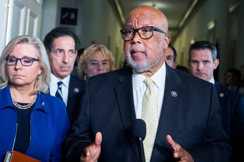 UNITED STATES - JULY 27: Chairman Bennie Thompson, D-Miss., addresses the media after the House Jan. 6 select committee hearing in Cannon Building to examine the January 2021 attack on the Capitol, on Tuesday, July 27, 2021. Also appearing from left are, Reps. Liz Cheney, R-Wyo., Jamie Raskin, D-Md., Zoe Lofgren, D-Calif., Pete Aguilar, D-Calif., and Adam Kinzinger, R-Ill. (Photo By Tom Williams/CQ Roll Call)