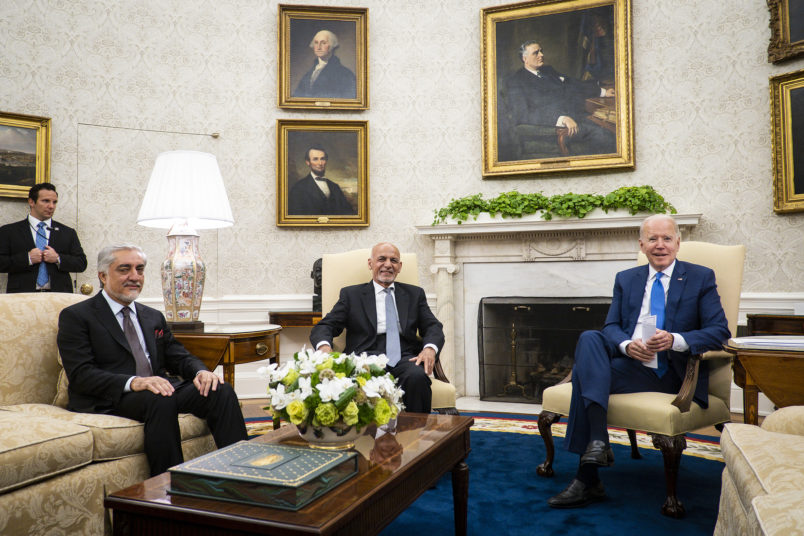 President Joe Biden, His Excellency Mohammad Ashraf Ghani, President of the Islamic Republic of Afghanistan (center), and His Excellency Dr. Abdullah Abdullah, Chairman of the High Council for National Reconciliation of the Islamic Republic of Afghanistan make statements to the press in the Oval Office at the White House in Washington, D.C., on Friday, June 25, 2021. (photo by Pete Marovich for The New York Times)