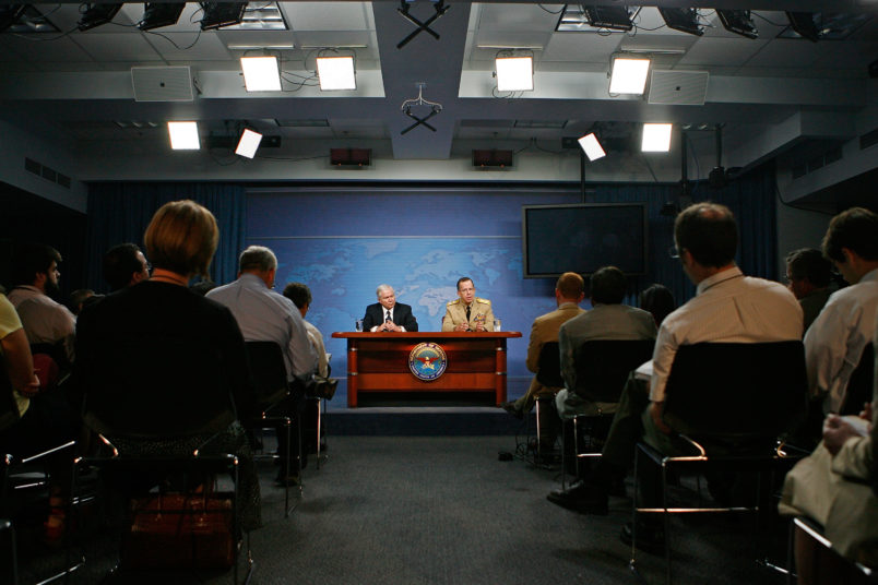 U.S. Secretary of Defense Robert Gates and Chairman of the Joint Chiefs of Staff Admiral Michael Mullen hold a news briefing at the Pentagon July 16, 2008 in Arlington, Virginia.