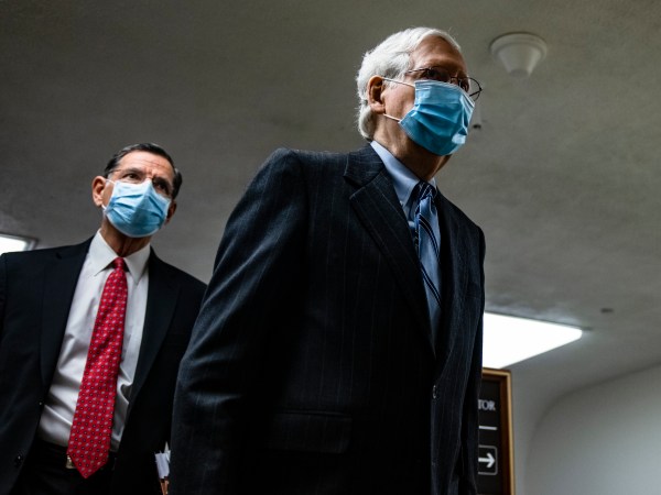 WASHINGTON, DC - FEBRUARY 12: Senate Minority Leader Mitch McConnell (R-KY) walks through the Senate subway on his way to the fourth day of the Senates second impeachment trial of former President Donald Trump at the U.S. Capitol on February 12, 2021 in Washington, DC. Trump’s defense team begins their presentation of the defense that Trump should not be held responsible for the January 6th attack at the U.S. Capitol on First Amendment grounds and the fact that he is no longer in office. (Photo by Samuel Corum/Getty Images) *** Local Caption *** Mitch McConnell