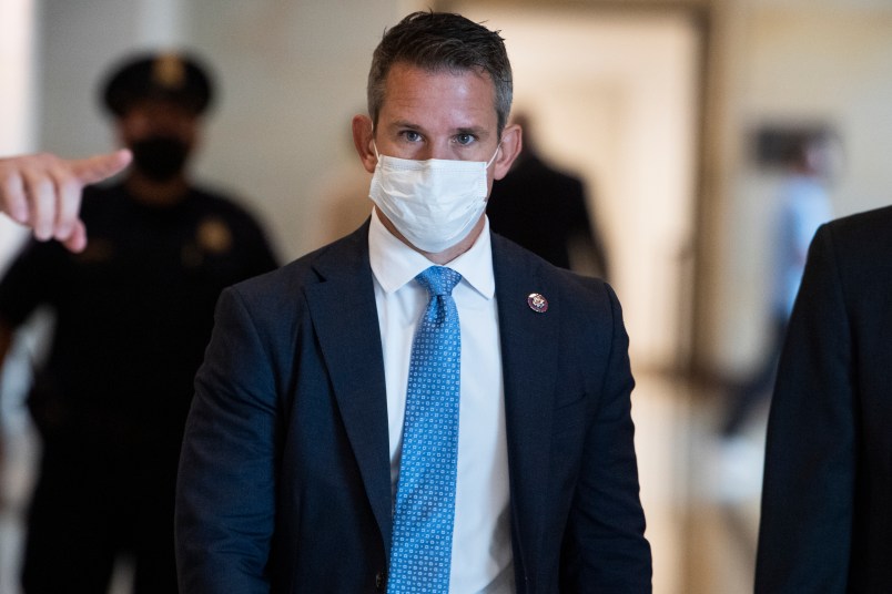 UNITED STATES - AUGUST 24: Rep. Adam Kinzinger, R-Ill., is seen in the Capitol Visitor Center before a briefing by administration leaders on the U.S. withdrawal from Afghanistan on Tuesday, August 24, 2021. (Photo By Tom Williams/CQ Roll Call)
