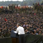 President Bush is introduced before speaking to soliders from the 10th Mountain Division at Fort Drum.   The Division was the main fighting force on the ground in Afghanistan in search of Taliban forces after September 11th.