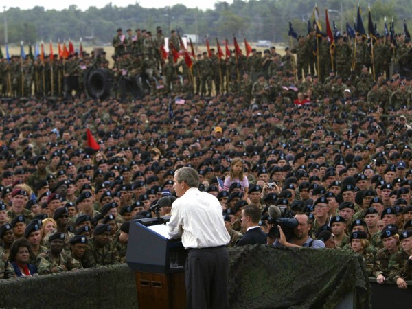 President Bush is introduced before speaking to soliders from the 10th Mountain Division at Fort Drum.   The Division was the main fighting force on the ground in Afghanistan in search of Taliban forces after September 11th.