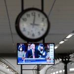 UNITED STATES - NOVEMBER 19: House Minority Leader Kevin McCarthy, R-Calif., is seen on a monitor in the Rayburn subway as he spoke at length on the House floor to delay the Build Back Better Act vote on Friday, November 19, 2021. (Photo By Tom Williams/CQ Roll Call)