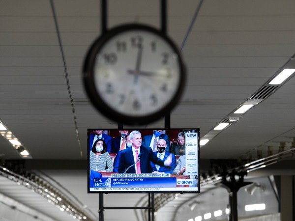 UNITED STATES - NOVEMBER 19: House Minority Leader Kevin McCarthy, R-Calif., is seen on a monitor in the Rayburn subway as he spoke at length on the House floor to delay the Build Back Better Act vote on Friday, November 19, 2021. (Photo By Tom Williams/CQ Roll Call)