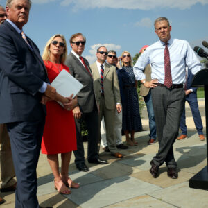 WASHINGTON, DC - AUGUST 23:  U.S. Rep. Scott Perry (R-PA) (R), joined by members of the House Freedom Caucus, speaks at a news conference on the infrastructure bill outside the Capitol Building on August 23, 2021 in Washington, DC. The group criticized the bill for being too expensive and for supporting special interests. (Photo by Kevin Dietsch/Getty Images)
