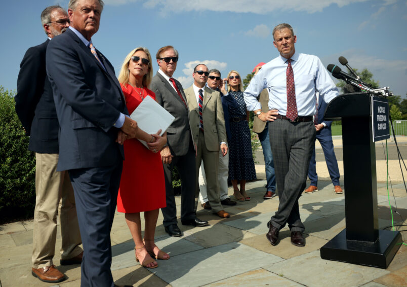WASHINGTON, DC - AUGUST 23:  U.S. Rep. Scott Perry (R-PA) (R), joined by members of the House Freedom Caucus, speaks at a news conference on the infrastructure bill outside the Capitol Building on August 23, 2021 in Washington, DC. The group criticized the bill for being too expensive and for supporting special interests. (Photo by Kevin Dietsch/Getty Images)